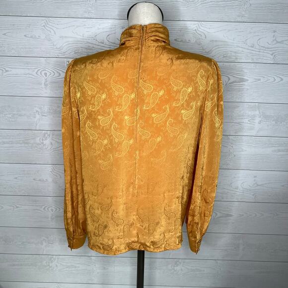 Vintage 80’s mustard gold paisley blouse with draped neckline size medium - Picture 2 of 6